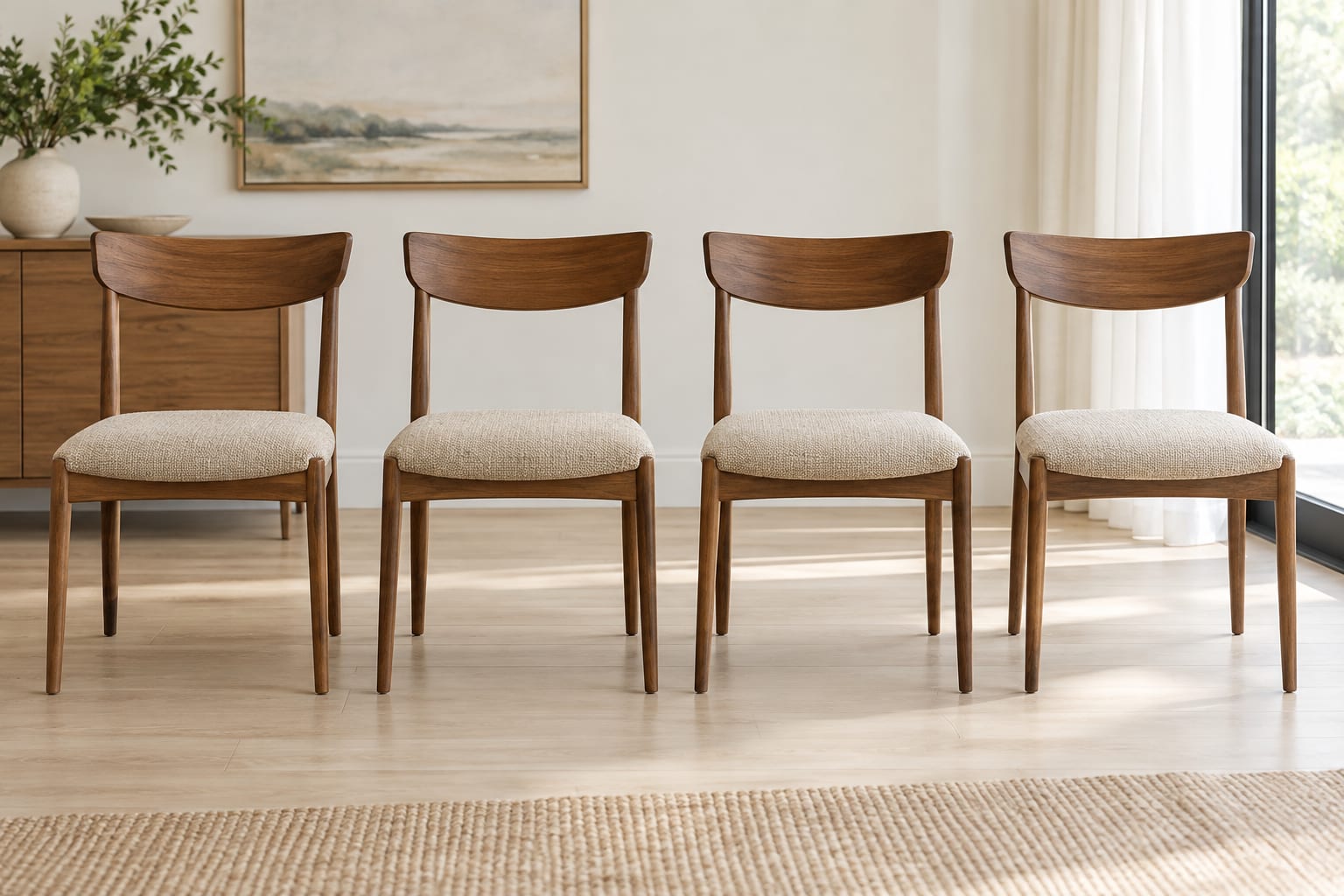 Imagen ilustrativa: cuatro sillas de comedor de madera con asientos retapizados en tela color arena