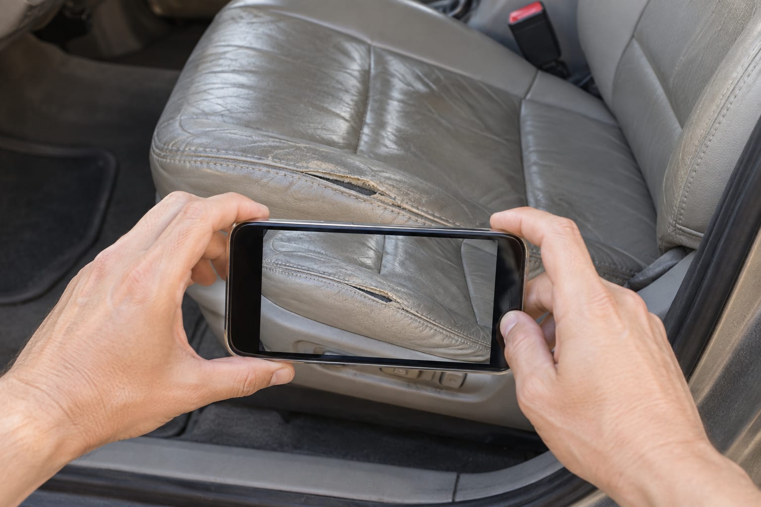 Imagen ilustrativa: manos tomando con el celular una foto de un asiento de carro con la costura abierta